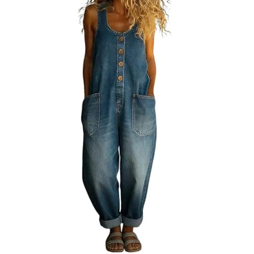 Image of Women's Vintage Denim Jean Overalls Regular-Fit Stretch Straight Leg Roll-Up Baggy Bib Dungarees Washed Cotton Button Front Sleeveless Jeans Coveralls with Pockets for Women UK