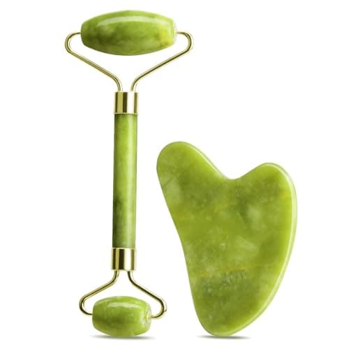 Image of URAQT Jade Gua Sha and Face Roller Set - Quartz Jade Stone Facial Massager, Anti Aging Tool for Face, Eye, Neck (Green)