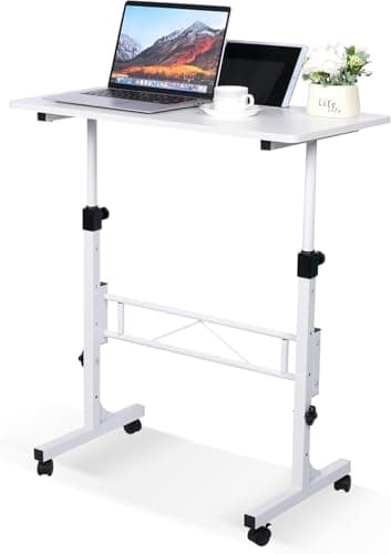 Image of Standing Desk Adjustable Height, Mobile Stand Up Desk with Wheels Small Computer Desks, Home Office Desk, Rolling Desks, Portable Laptop Desk White Standing Table 80 x40 cm Height 70-110 cm