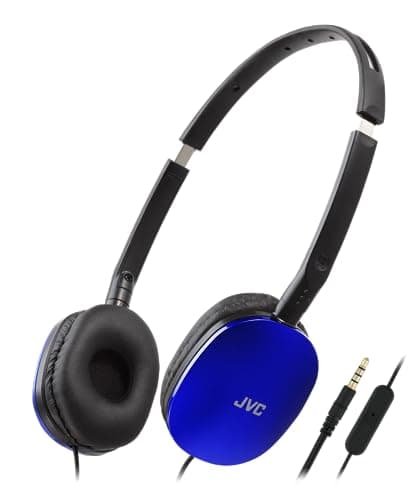 Image of JVC HA-S160M-A Flats Foldable and Compact Headphones in Glossy Trendy Colour, with Switch for Microphone On/Off, Ideal for Teleworking and Online Seminars (Blue)