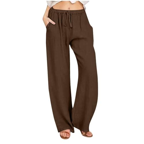 Image of Linen Trousers Womens Linen Trousers Womens Wide Leg Spring Summer Casual Trouser 2026 Fashion Cotton Pants Loose Fit Elasticated Waist Drawstring Lounge Pants with Pockets Brown M