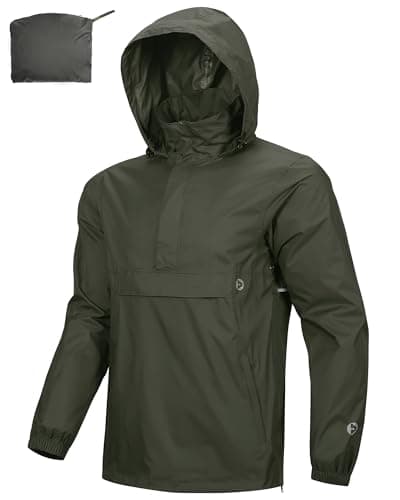 Image of Outdoor Ventures Rain Jacket for Men Waterproof Pullover Lightweight Hooded Outdoor Raincoat Packaway Breathable Reflective Anorak Jacket for Travelling, Camping, Running, Hiking, Army Green M