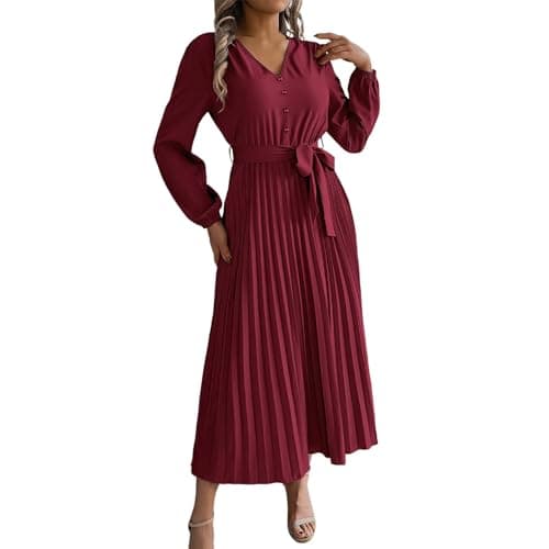 Image of Midi Dresses for Women Spring Elegant Long Sleeve Flowing Pleated A-Line Dress Work Outfits, red, XL