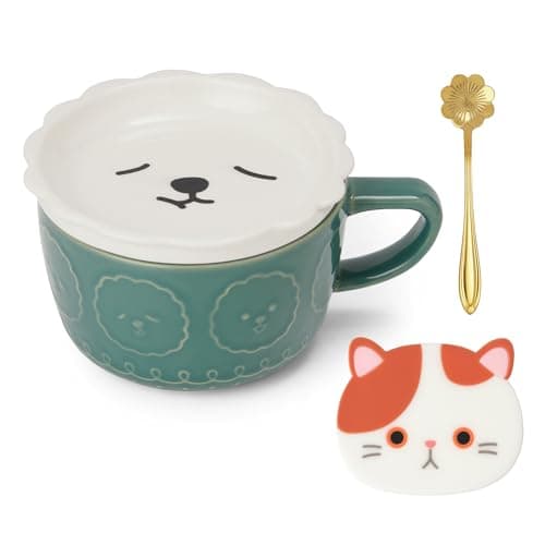 Image of Yifugad Cute Mug with Lid, Spoon & Coaster - Animal Coffee Mug Set, Soup & Tea Cup - Boys/Girls & Friends Gifts, Birthday, Graduation, Father's Day, Mother's Day, Christmas Gifts (Blue)