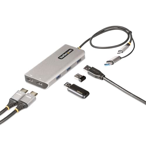 Image of StarTech.com USB-C Multiport Adapter w/Attached USB-C to USB-A Dongle, Dual HDMI (4K30Hz/1080p60Hz), 3x USB-A 5Gbps, Mini Travel Dock, Laptop Docking Station, 1.3ft/40cm Cable (167B-USBC-MULTIPORT)