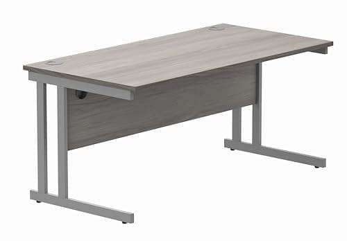 Image of Office Hippo Essentials Rectangular Writing Computer Work Place, Home Office Desk with Cable Port Management, Alaskan Grey Oak, 160x80cm