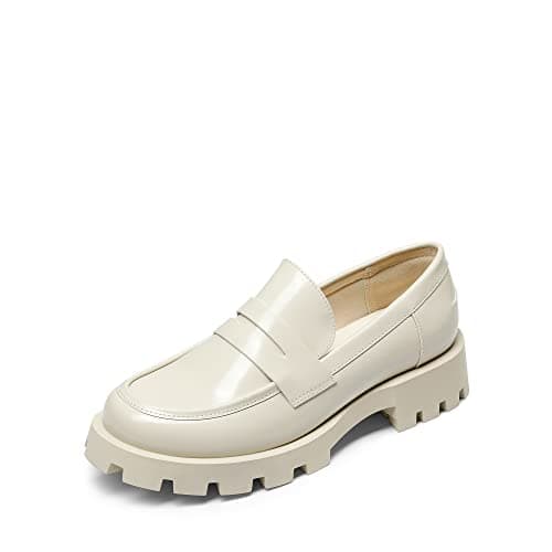 Image of DREAM PAIRS Womens Loafers, Lug Sole Slip On Platform Chunky Penny Loafers for Women Dressy and Work, Business Casual Shoes for Women,Size 5.5,Beige-Pat,SDLS2318W