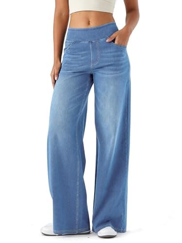 Image of LaiEr Large Denim Wide Leg Pants for Women, High Waisted and Slimming with Multiple Pockets, Straight Tube, Loose fit, Cat Whisker, Marbling wash Craft, High Elasticity Casual Jeans(Light Blue3XL)