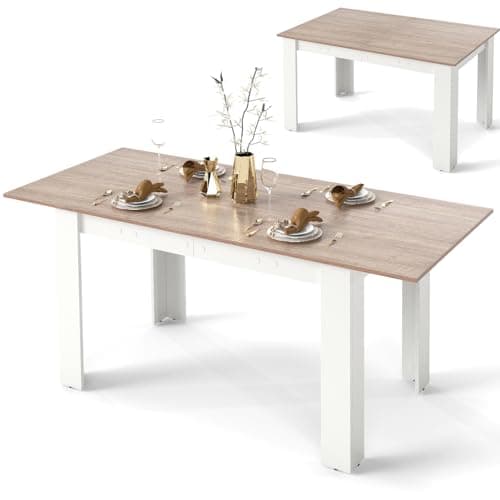 Image of COSTWAY Extendable Dining Table, 120-158cm Large Kitchen Table with Adjustable Tabletop & L-shaped Legs for 6-8 People, Wooden Dinner Desk for Home Restaurant, 110 KG Load Capacity (Natural+White)