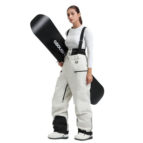 Image of GSOU SNOW Mens Oversized Ski Trousers Baggy Snowboard Trousers Ski Salopettes Snow Pants with Braces - Unisex Waterproof Windproof Breathable Insulated Warm Off-white