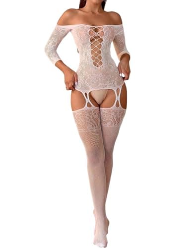 Image of Gatamiau Women’s Off-Shoulder Bodystocking Sexy Hollow Out Tights Fishnet Bodysuit One Piece Bodycon Lingerie Strecthy Jumpsuit Underwear See Through Mesh Nightwear (White, One Size)