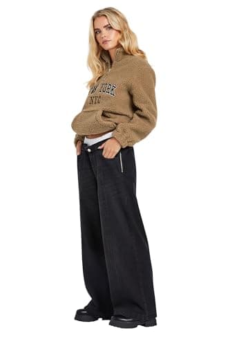 Image of PixieGirl Petite Beige Brown Slogan Half Zip Teddy Fleece Petite