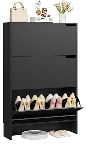 Image of IRONCK Shoe Cabinet with 3 Flip Drawers, Slim Shoe Storage Unit with Adjustable Shelves Wooden Shoe Rack Cabinet, Freestanding Cupboard Organizer for Entryway Hallway, for 18-24 Pairs Shoes (Black)