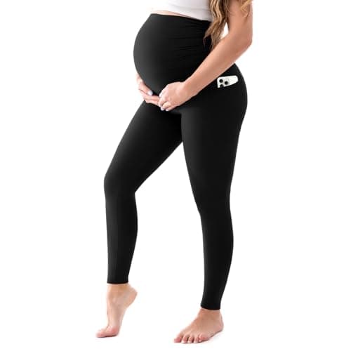 Image of Walifrey Women's Maternity Leggings with Pockets，High Waist Opaque Comfortable Pregnancy Black Leggings XXL