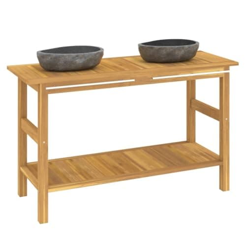 Image of vidaXL Bathroom Vanity Cabinet with River Stone Sinks - Solid Teak Wood with Steel Handrail - Handmade River Stone Basin - Easy Assembly Required - Ample Storage Space - Sturdy Legs