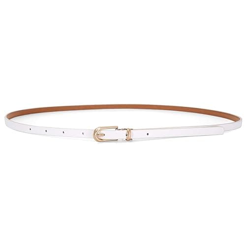 Image of brileze Women Skinny Leather Belts Dresses Thin Waist Belt White Fashion WaistBelt Adjustable Classic PU Leather Belt with Gold Alloy Buckle for Ladies Jeans Dress Pants