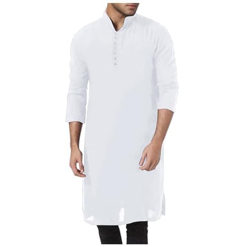 Image of Muslim Clothing Men's Muslin Shirt Men's Long Sleeve T-Shirt Long Linen Shirt Cotton Indian Kurta Long Shirt Saudi Arabia Style Casual Shirt Regular Fit Long Sleeve Eid Prayer Clothing, R White, L