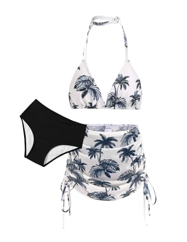 Image of Arshiner Girls 3 Piece Bikini Set Kids Halterneck Swimsuit Set with Drawstring Cover-Up Skirt Summer Beach Surfer Swimwear Bathing Suit for Girl 11-12 Years