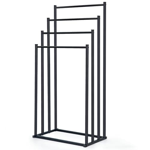 Image of OWLKELA 4 Tier Freestanding Towel Rail, Metal Towel Rack, Towel Holder for Bath & Hand Towels Storage, Towel Drying Stand for Bathroom, Bedroom and Balcony, Black