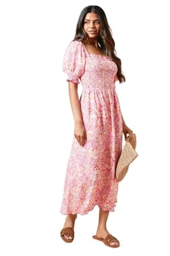 Image of Dorothy Perkins Petite Pink Shirred Bodice Trim Detail Midaxi Dress, 16, Pink