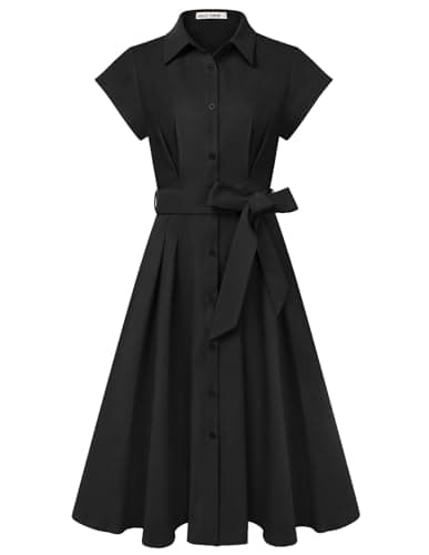 Image of GRACE KARIN Women's Short Sleeve A-Line Midi Dresses Elegant Lapel Neck Buttons Tie Waist Shirt Dress for Work Wedding Black XXL