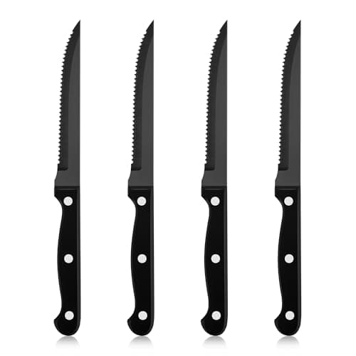 Image of Herogo Steak Knives Set of 4, Stainless Steel Kitchen Knife Set with Ergonomic Handle, Black Dinner Steak Knife with Sharp Serrated Edge, Rustproof & Stain Resistant, Dishwasher Safe