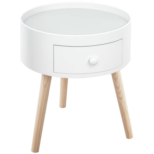 Image of HOMCOM Modern Side Table, Small Coffee Table, Round Bedside Table with Drawer and Wood Legs for Living Room, Bedroom, White