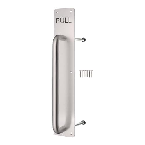 Image of EAI Satin Pull Handle on Plate, 475 x 75mm Commercial Handle on Finger Plate Satin Aluminium for Schools, Offices, Shops & More