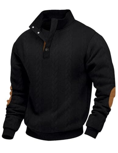 Image of EndoraDore Mens Jacquard Sweatshirts Casual Long Sleeve Pullover Knitwear Button Stand Collar Tops Black 2XL