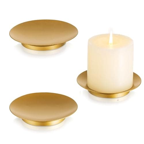 Image of Inweder Candle Holders Plates Stand: Gold Pillar Candle Holder for Christmas Advent Mantle Wedding Home Decor 10.8cm Round Metal Trays Coasters for LED/Tealight Candles Trinket, Set of 3