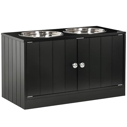 Image of PawHut Raised Dog Bowls for Large Dogs Pet Feeding Station w/Stand, Storage, Two Stainless Steel Bowls - Black