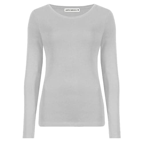 Image of janisramone Womens Ladies Round Neck Long Sleeve T-Shirt Stretchy Plain Fitted Basic Jersey Casual Tee Top Grey