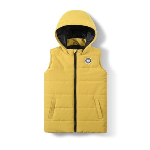 Image of JOYSON Yellow Kids Lightweight Padded Gilet Sleeveless Puffer Vest Boys & Girls Quilted Outwear with Hood 7-8 Years