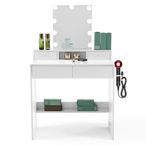 Image of Bonnlo Dressing Table with Mirror and 9 LED Lights, Vanity Desk - 3 Colour Modes - 4 Drawers, Compact Makeup Desk for Bedroom Living Room, 40x80x130cm, White