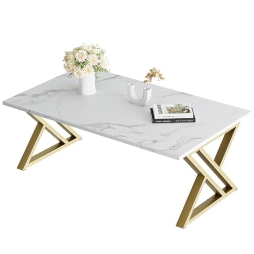 Image of Coffee Table, Living Room Table, Center Tea Tables, Rectangular Tea Tables, End Side Desk with Gold Metal Frame for Living Room Bedroom Office, Modern Open Design, 39.3 x 18.9 x 17.7 IN, White/Gold