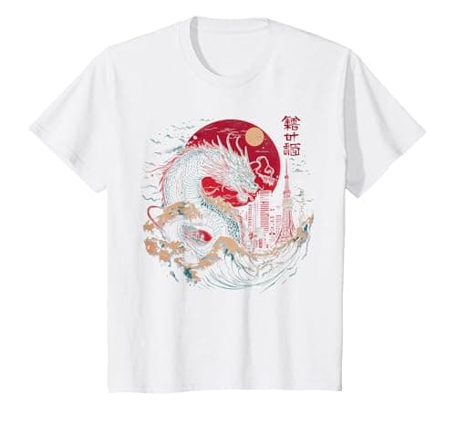 Image of Japanese Tokyo Rising Dragon Great Wave Off Kanagawa Kanji T-Shirt, Youth, White, 4T