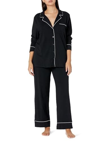 Image of Amazon Essentials Women's Cotton Modal Long-Sleeve Shirt and Full-Length Bottom Pajama Set, Black, Medium