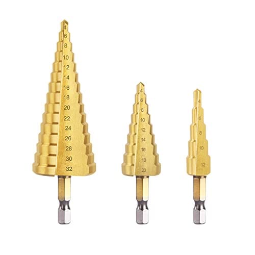 Image of flintronic Step Drill Set, 3PCS 4mm to12 20 32mm (5/32" to 5/4") HSS Titanium Coated Double Slot Cone Cutting Drill for Plastic Wood Metal