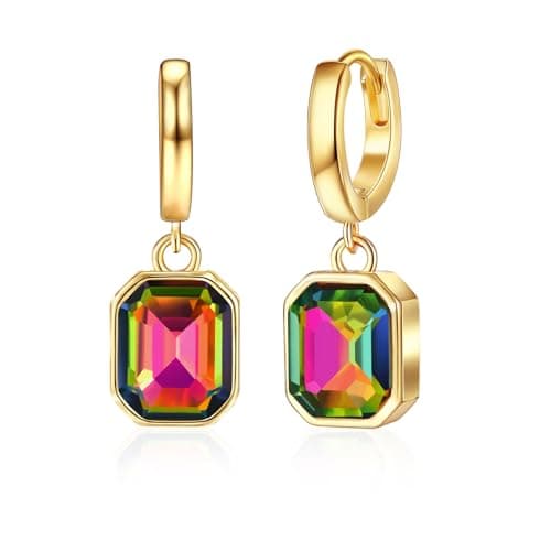 Image of Mesovor Crystal Gold Earrings for Women, 14K Gold Plated Hypoallergenic Huggie Hoop Earrings Jewellery Gifts for Family Mother Sister Wife(Colorful green)