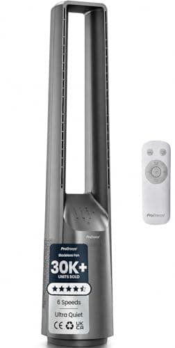 Image of Pro Breeze Silent Bladeless Portable Tower Fan - Ultra Quiet Standing Air Circulator with Remote Control, Timer, 6 Speeds & LED Display