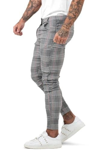 Image of GINGTTO Mens Chinos Skinny fit Stretch Casual Smart Trousers Men Tapered Leg Plaid Pants Grey 28 Waist
