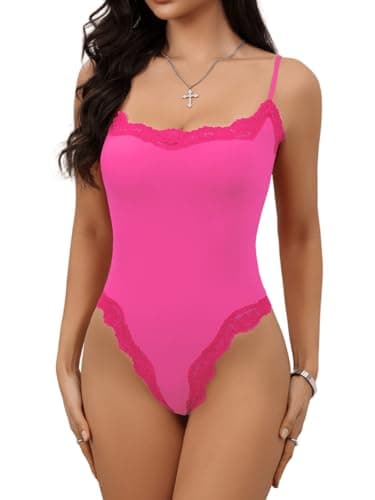 Image of Starrylion Lace Bodysuit Square Neck Sleeveless Bodysuits Sexy Going Out Tops Hot Pink S