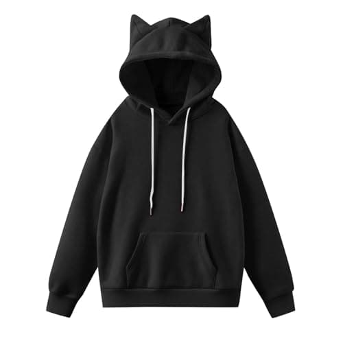 Image of Saxrel Womens Cotton Sweatshirt Black Sweatshirt Cute Cat Ear Hooded Sweater Autumn Jumpers Pullover Sweater Casual Loose Fit Workout Ladies Tops Oversize Hoodie Pocket Drawstring Solid Color