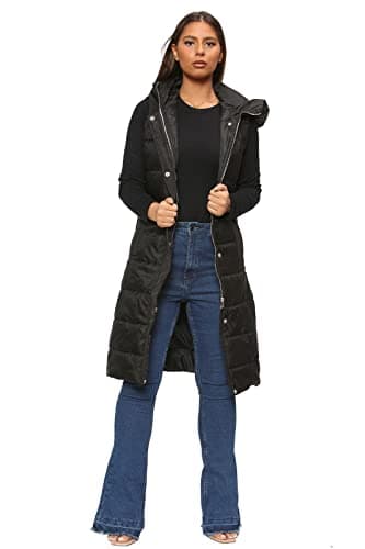 Image of STAR FASHION Womens Longline Gilet Jacket Hooded Puffer Zip Up Vest Sleeveless Bodywarmer Coat for Winter Water Resistant UK Size Small To 3XL Black