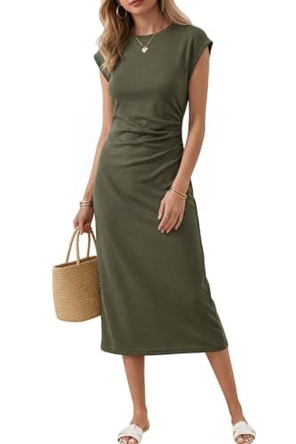 Image of Newshows Summer Dresses for Women Wrinkle Free Casual Midi Dress Crew Neck Ruched Shirt Sundress with Split Army Green,L