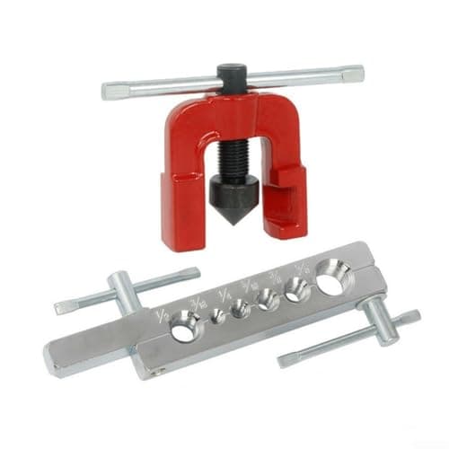Image of Flaring Tool Kit for Brake Line and Refrigeration Systems with Dual Scale Dies Covering 3/16 1/4 5/16 3/8 1/2 5/8 Inch and 6 8 10 12 14 15mm (Metric Set)