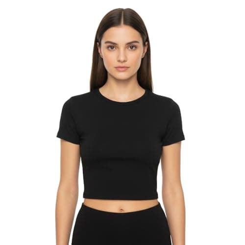 Image of LUXFAB Women Short Sleeve Crop Top Round Neck Plain or Printed Stretchy Summer Cropped T-Shirt Size 8-14 Black Soft Fit Casual Wear Everyday Style Top (UK, Alpha, S, M, Regular, Regular, Black)