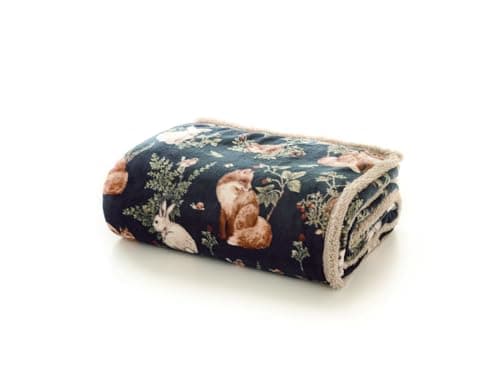 Image of Deyongs Woodland Wildlife Sherpa Fleece Throw 140x180cm – Navy – Reversible 220gsm Printed Flannel with 200gsm Sherpa – Super Soft, Warm Sofa Bed Blanket – Designed in Great Britain
