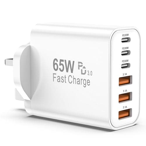 Image of USB C Plug Fast Charge, 65W 6-Port Multi USB Charger Plug UK Power Adapter + Wall Plug port, 25W(MAX) Type C Charging Plug for iPhone 17 16 15 14 13 12 11 Pro Max XS XR8, for ipad-3 Type C+3 USB A