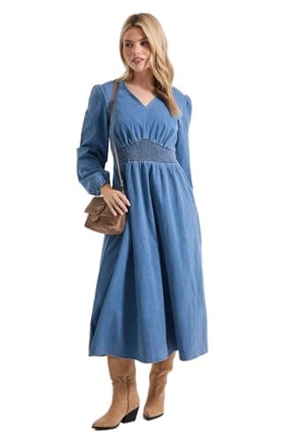 Image of Dorothy Perkins Shirred Waist Long Sleeve Denim Midi Dress, 10, Mid Wash